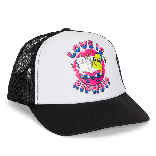 RIPNDIP LOVE IS RIPNDIP TRUCKER HAT (WHITE/BLACK)