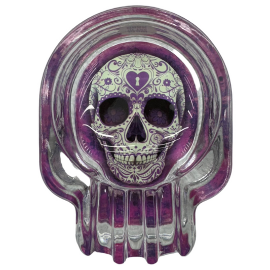 NOVELTY INC. GLOW SUGAR SKULL PURPLE GLASS ASHTRAY